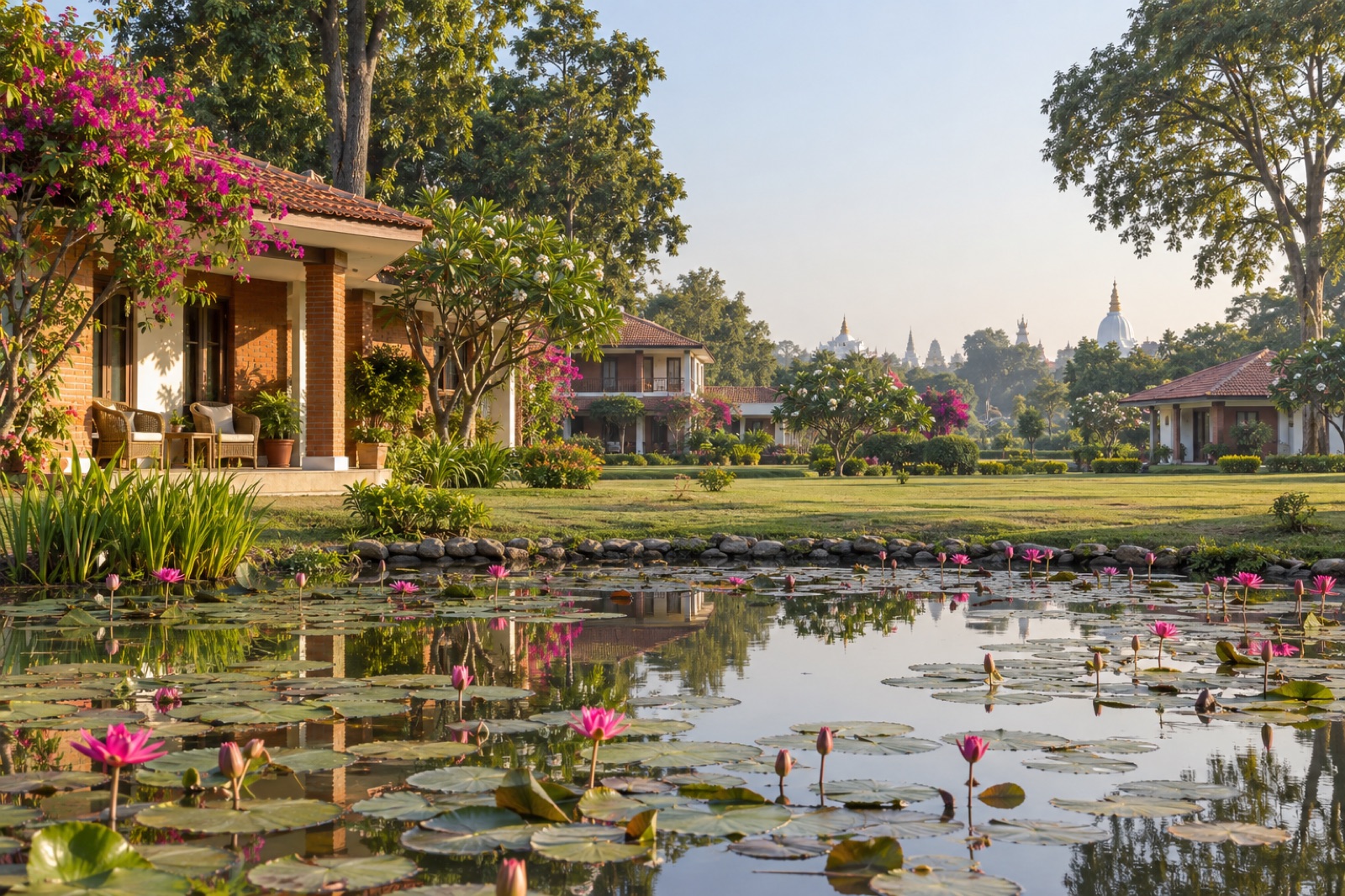 A low-rise garden resort beside a lotus pond at Lumbini, with monastic-zone spires on the Terai horizon