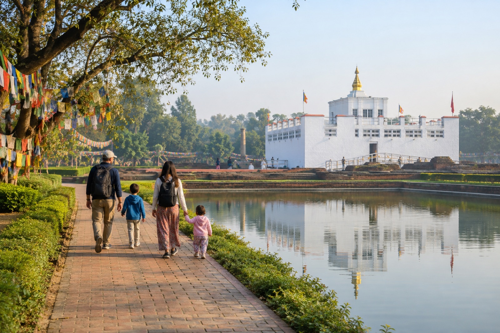 A family with young children walking beside the sacred pond toward the Maya Devi Temple at Lumbini