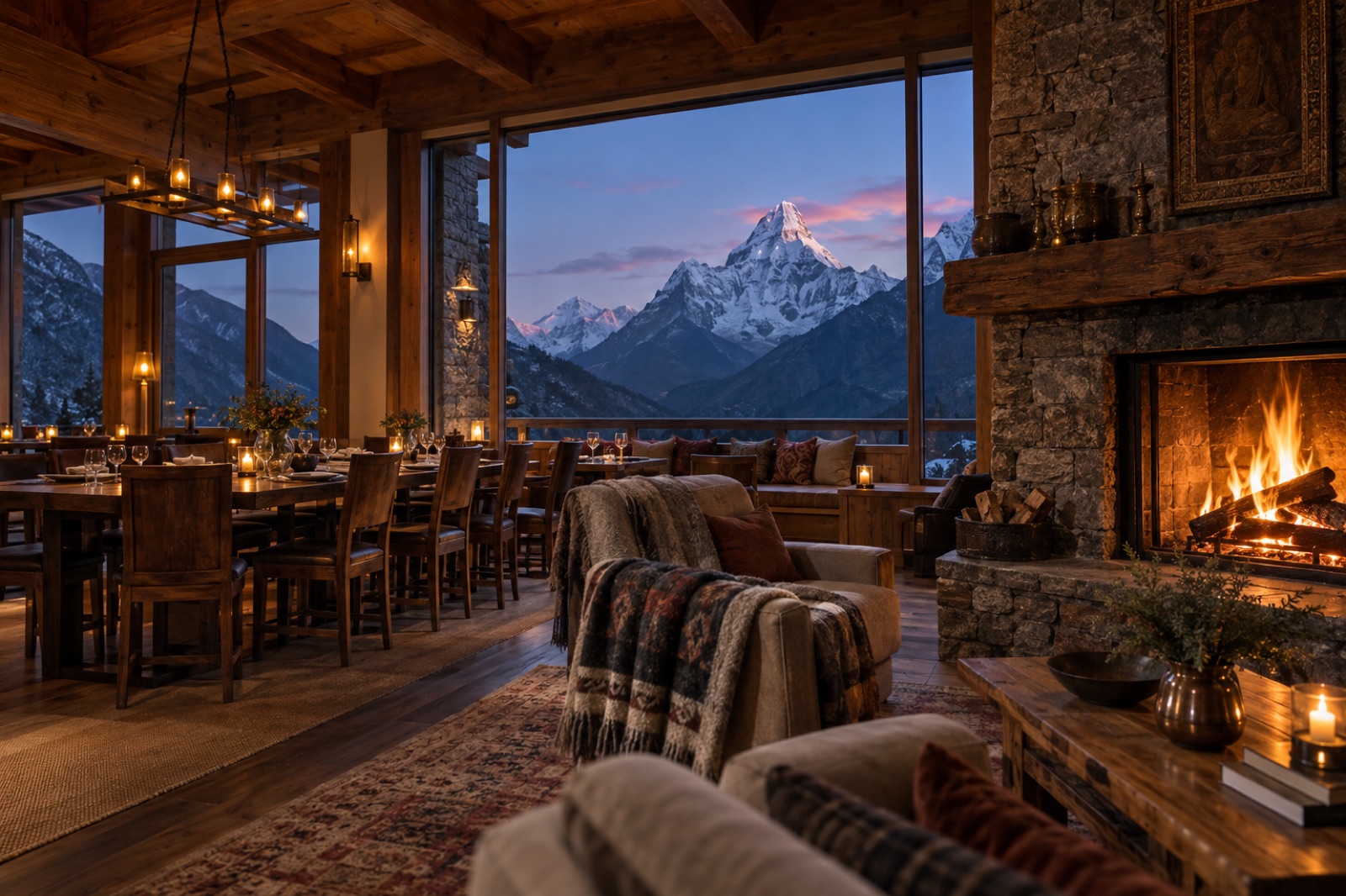 A luxury lodge lounge with a stone fireplace and a picture window framing Ama Dablam at dusk