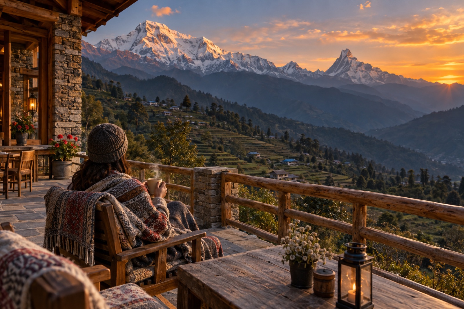A trekker with a hot drink on a comfort-lodge terrace facing Annapurna South and Machhapuchhre at sunset