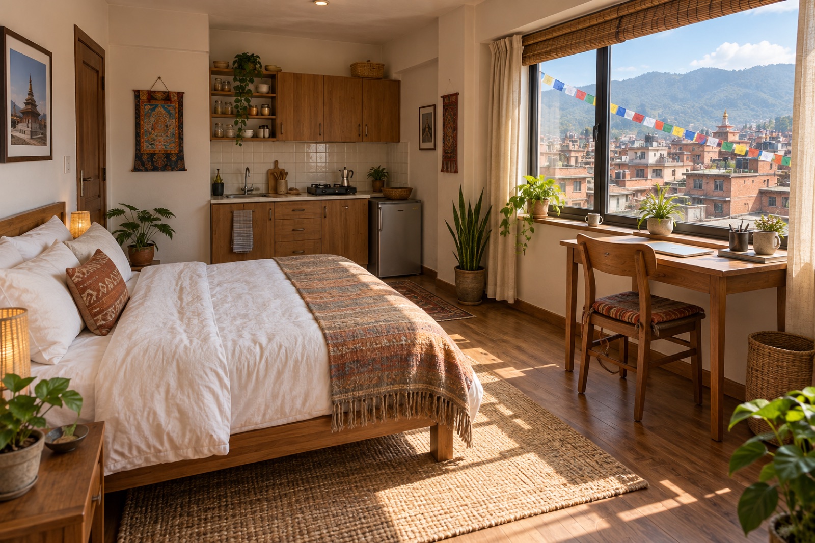 A sunny furnished studio for a long-term stay in Kathmandu, with a kitchenette and a desk by the window
