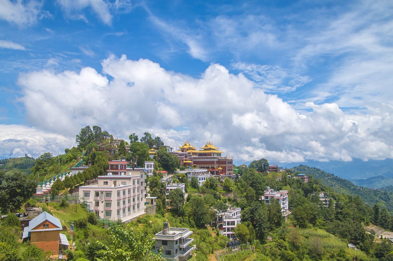 The golden roofs of Thrangu Tashi Yangtse Monastery along the green Namobuddha ridge in Kavre