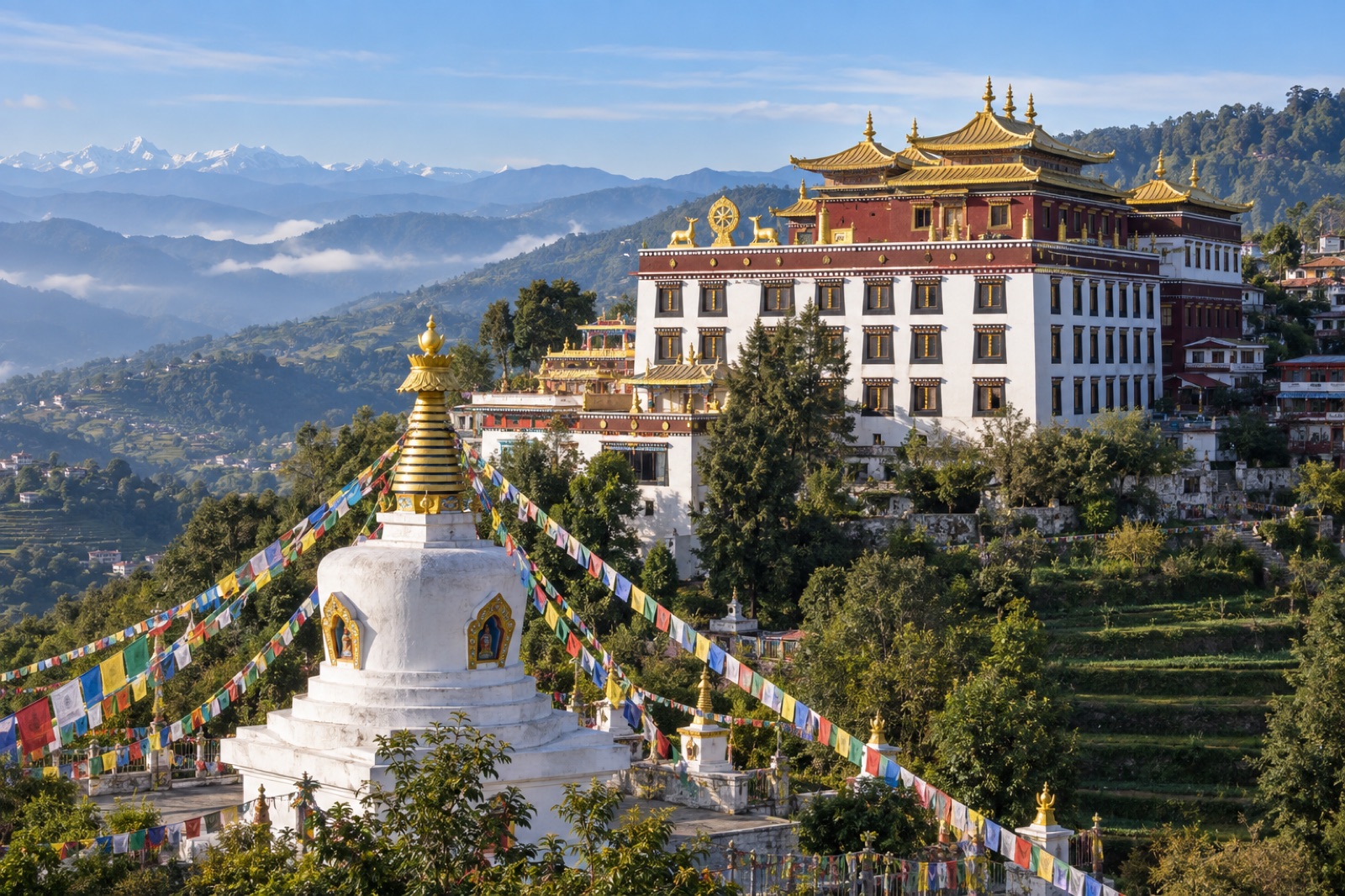 The golden-roofed Thrangu Tashi Yangtse Monastery above the prayer-flag-draped stupa at Namobuddha