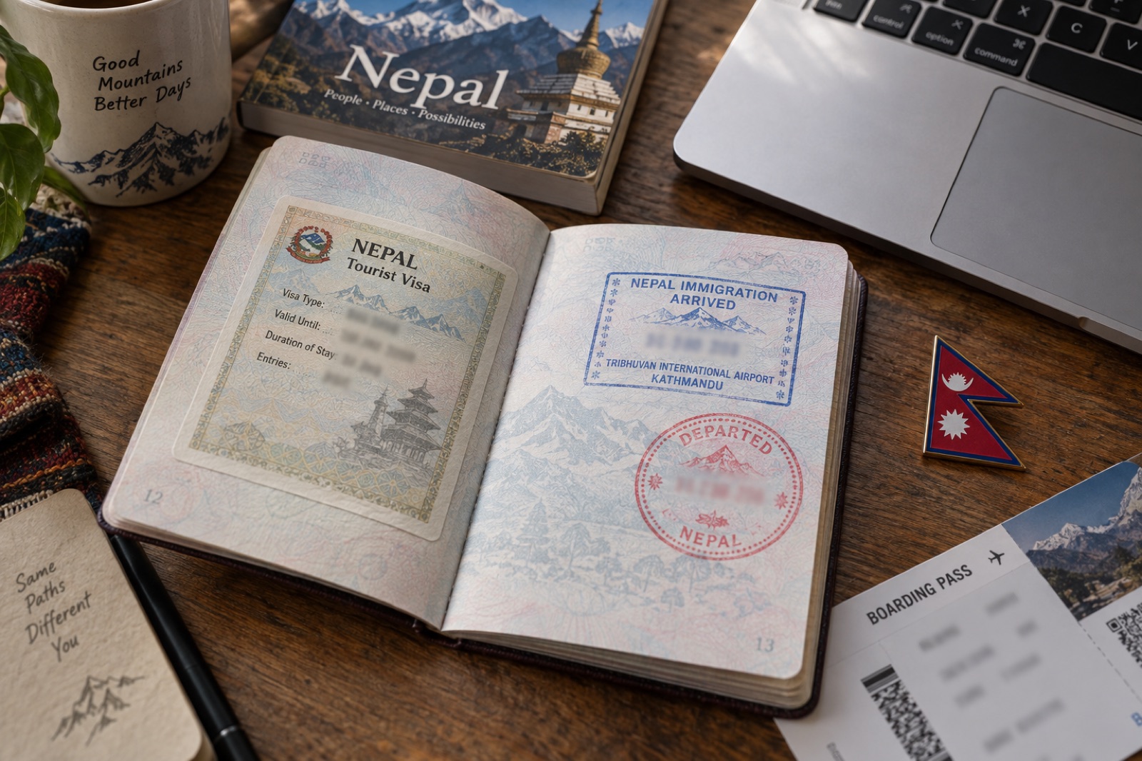 A Nepal tourist visa and immigration stamps in an open passport beside a laptop and boarding pass