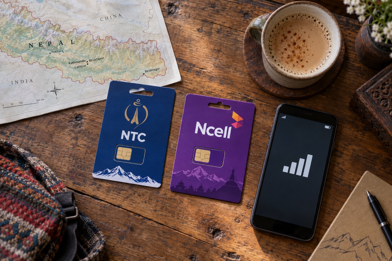 NTC and Ncell SIM packs beside a smartphone, a map of Nepal and a cup of tea