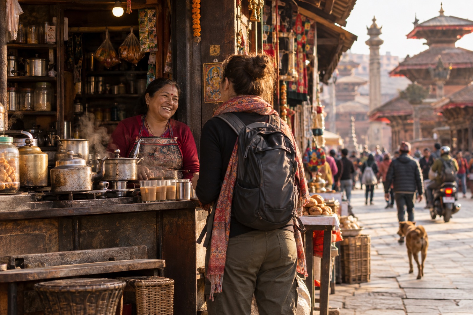 A solo woman traveller chatting with a smiling tea-stall owner in a Kathmandu bazaar