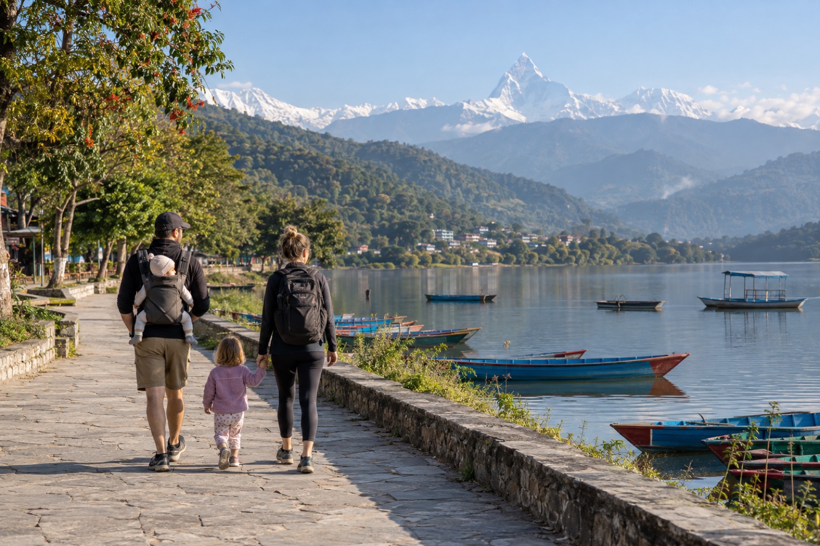 A family with a baby carrier and a toddler on the Lakeside promenade of Phewa Lake, Pokhara, with Machhapuchhre behind