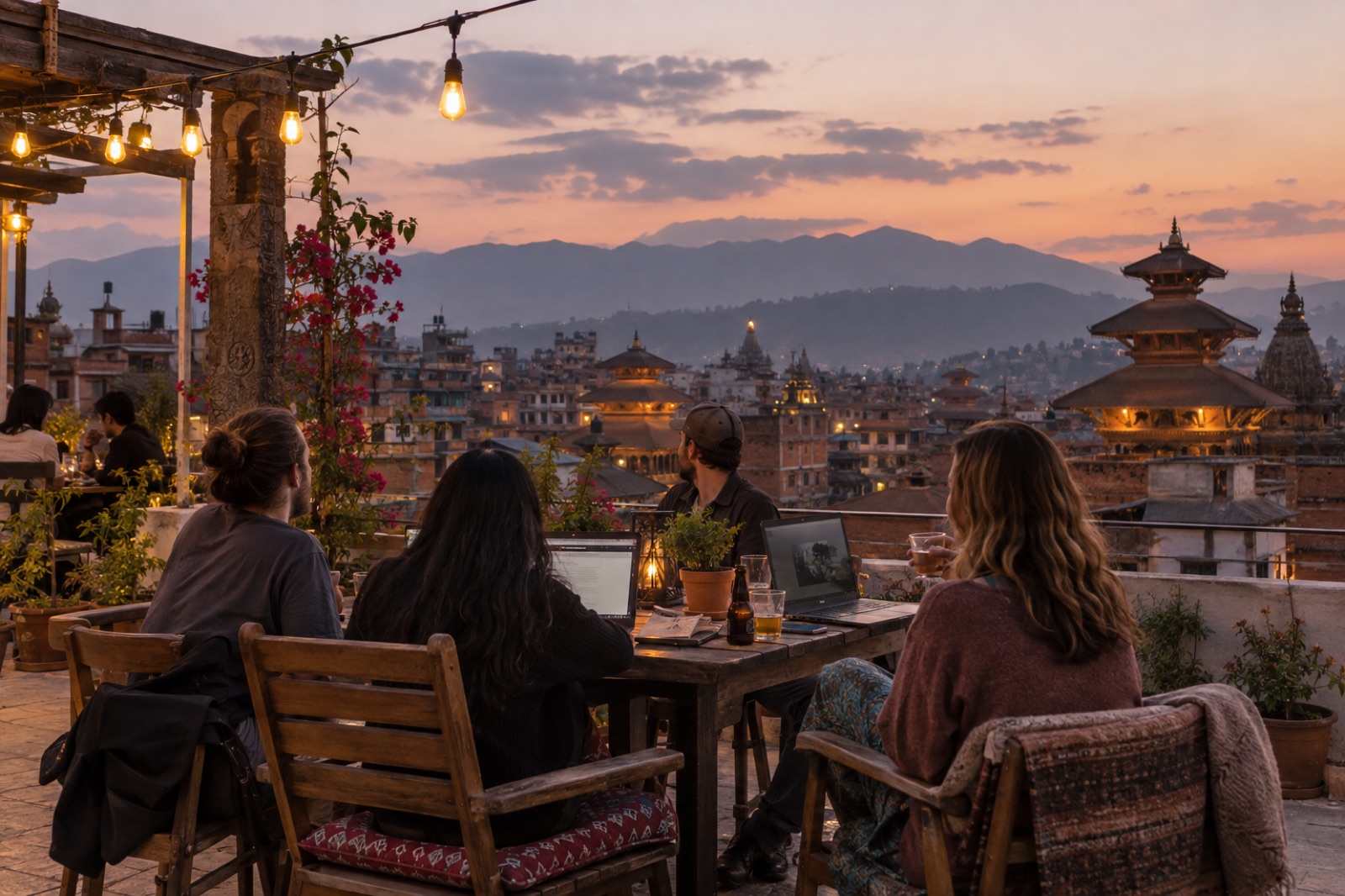 Remote workers at a rooftop meetup in Kathmandu at dusk, temple roofs and hills beyond