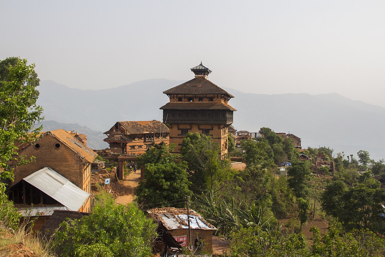 The seven-storey brick Nuwakot Durbar palace rising above the hilltop town and the Trishuli valley