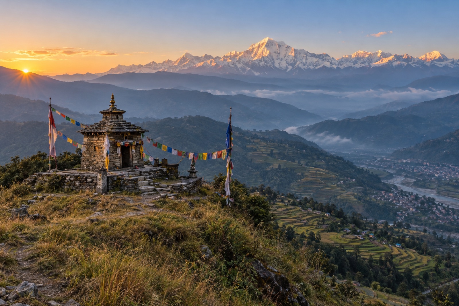 The Panchakot hilltop shrine above Baglung at sunrise, with prayer flags and Dhaulagiri on the horizon