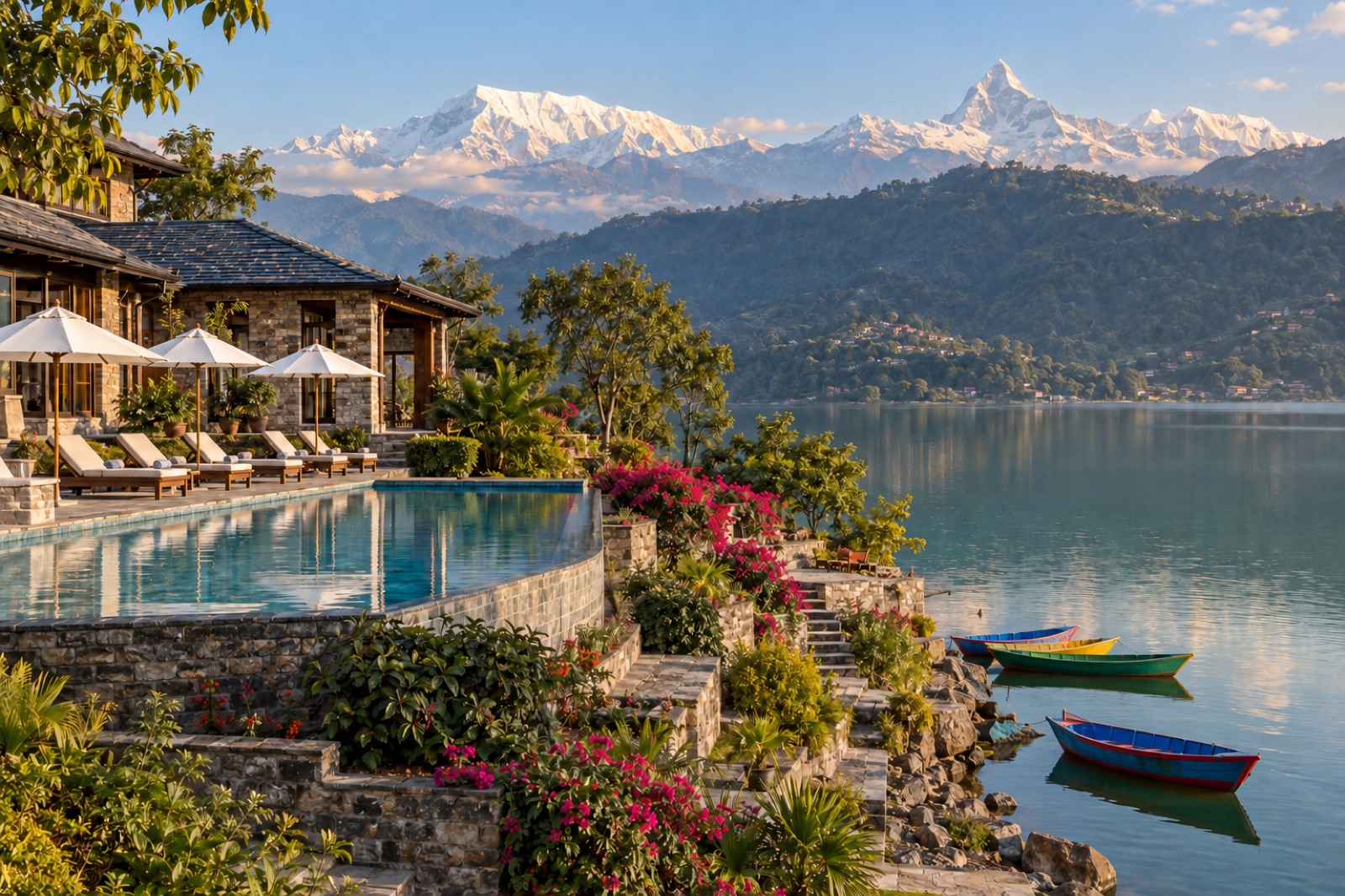 A lakeside hotel pool and gardens above Phewa Lake in Pokhara, with boats below and Machhapuchhre behind