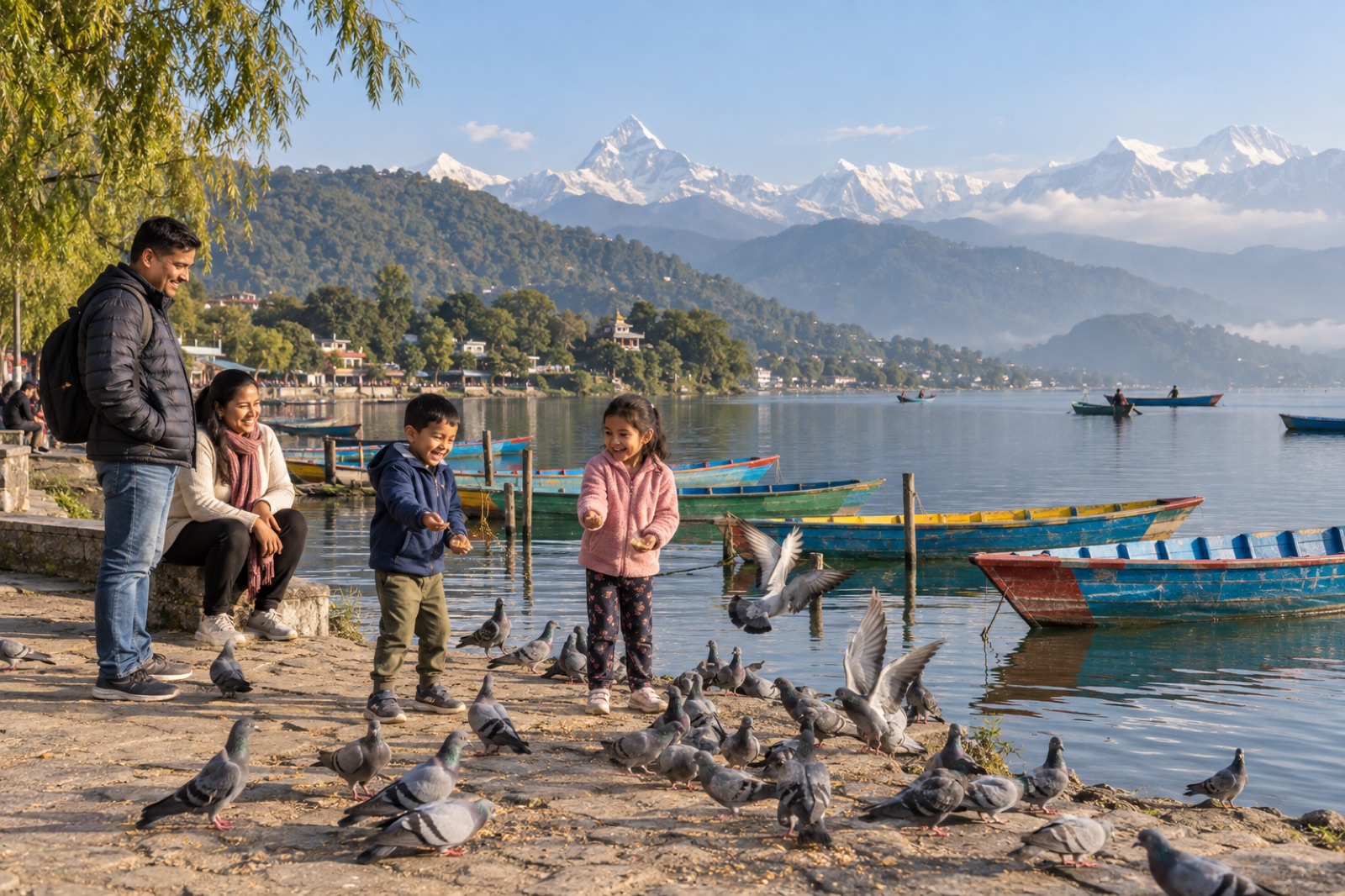 Children feeding pigeons on the shore of Phewa Lake, Pokhara, with wooden boats and the Annapurna range