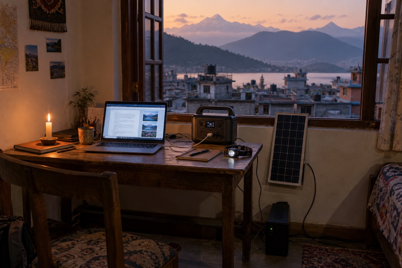 A laptop running from a portable power station and solar panel during an evening power cut in Nepal