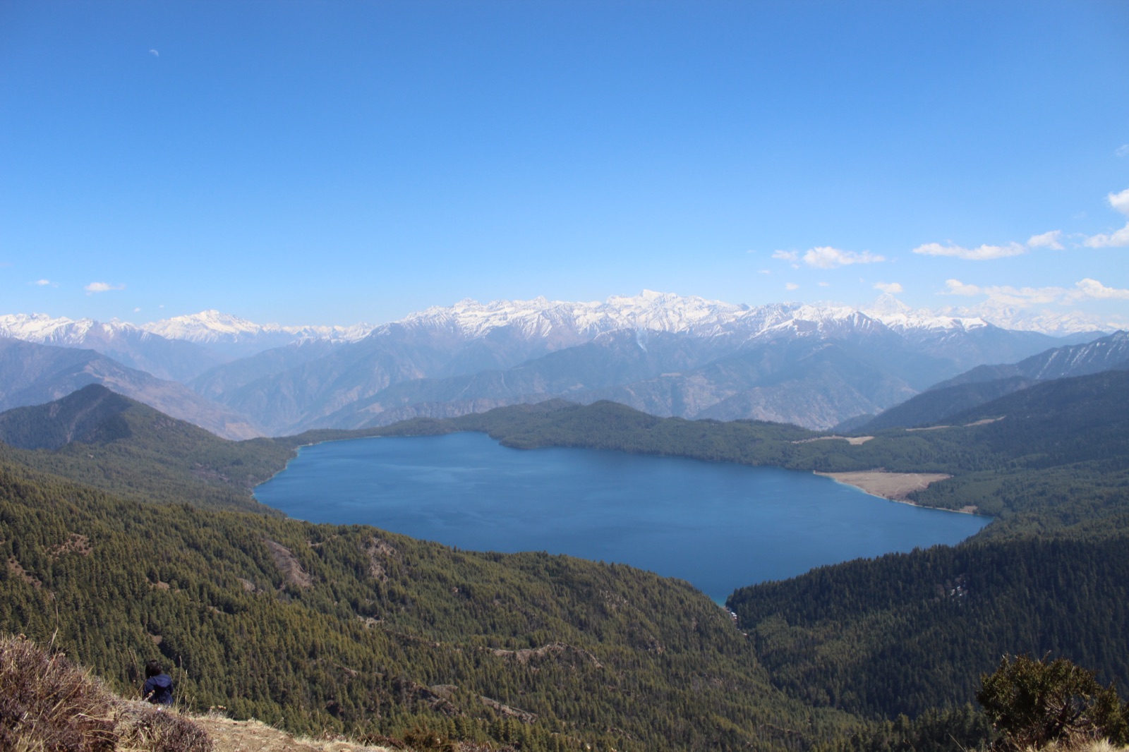 Rara Lake from Murma Top, deep blue and ringed by pine forest with the snow peaks of Mugu beyond
