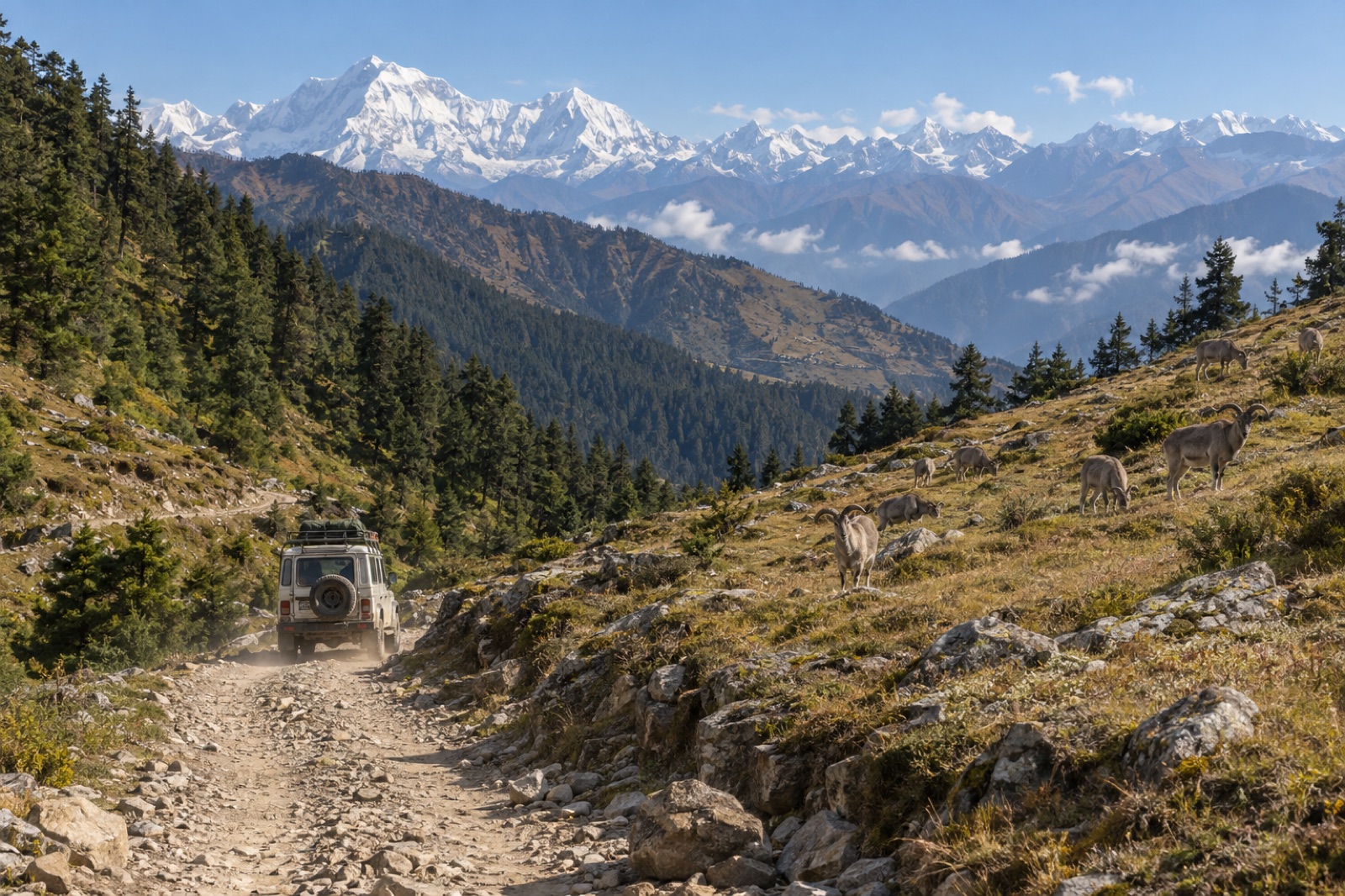 A jeep on the rough track from Baglung into the high meadows of the Dhorpatan Hunting Reserve, blue sheep grazing nearby