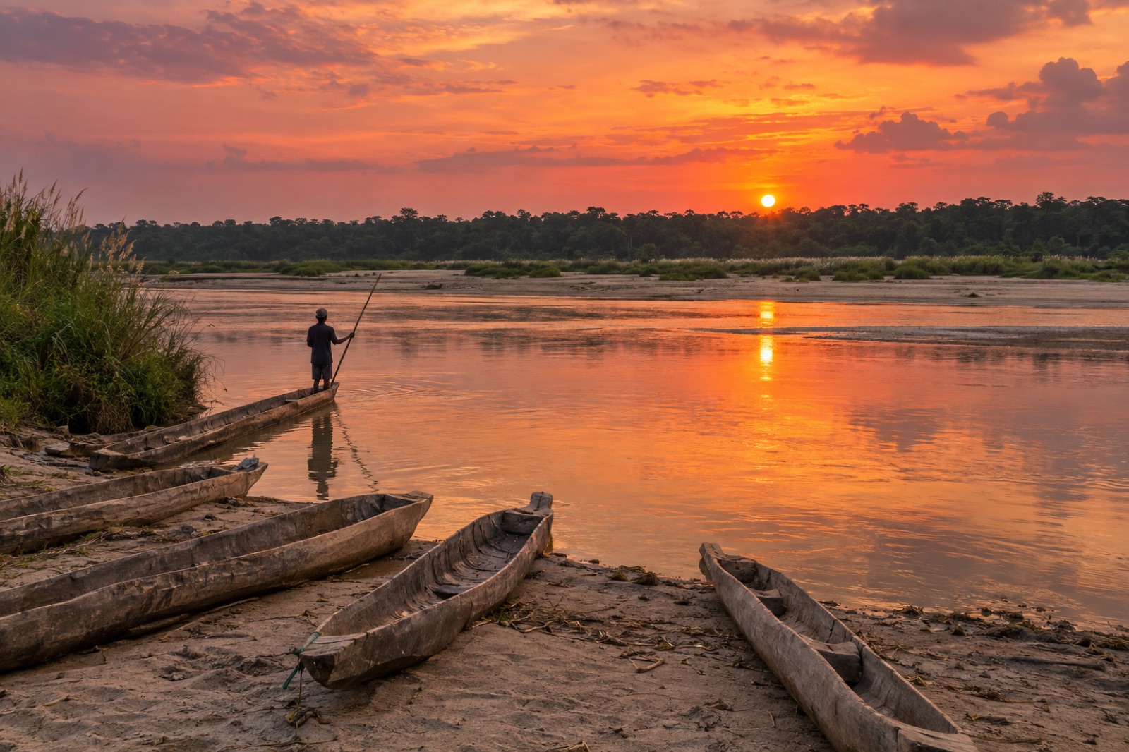 Dugout canoes drawn up on the Rapti River bank at sunset in Sauraha, on the edge of Chitwan National Park