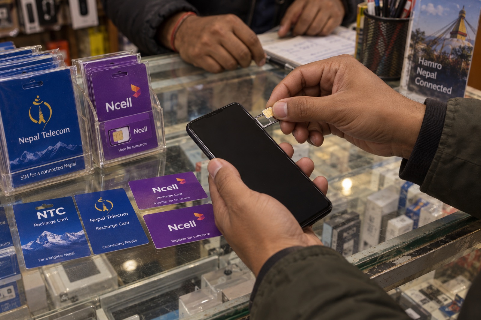Inserting a SIM card at a Kathmandu mobile shop counter stocked with Nepal Telecom and Ncell packs