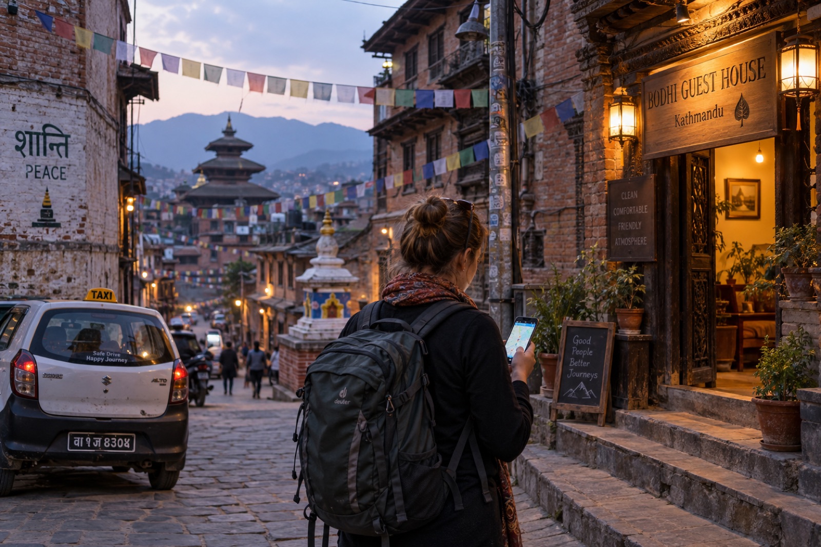 A solo woman traveller checking a map on her phone outside a guesthouse in Bhaktapur at dusk