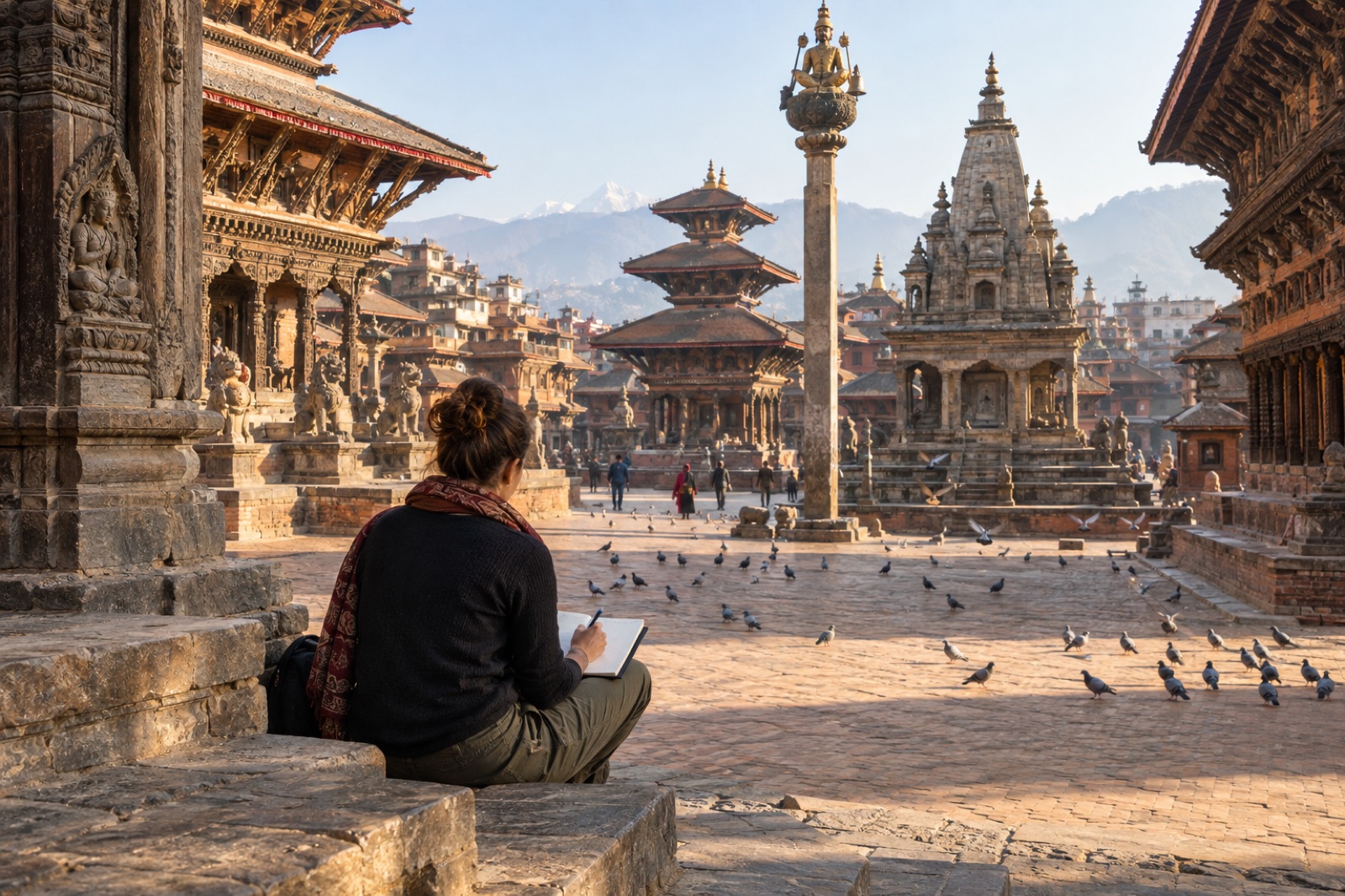 A solo woman traveller writing in a notebook on a temple plinth in Patan Durbar Square