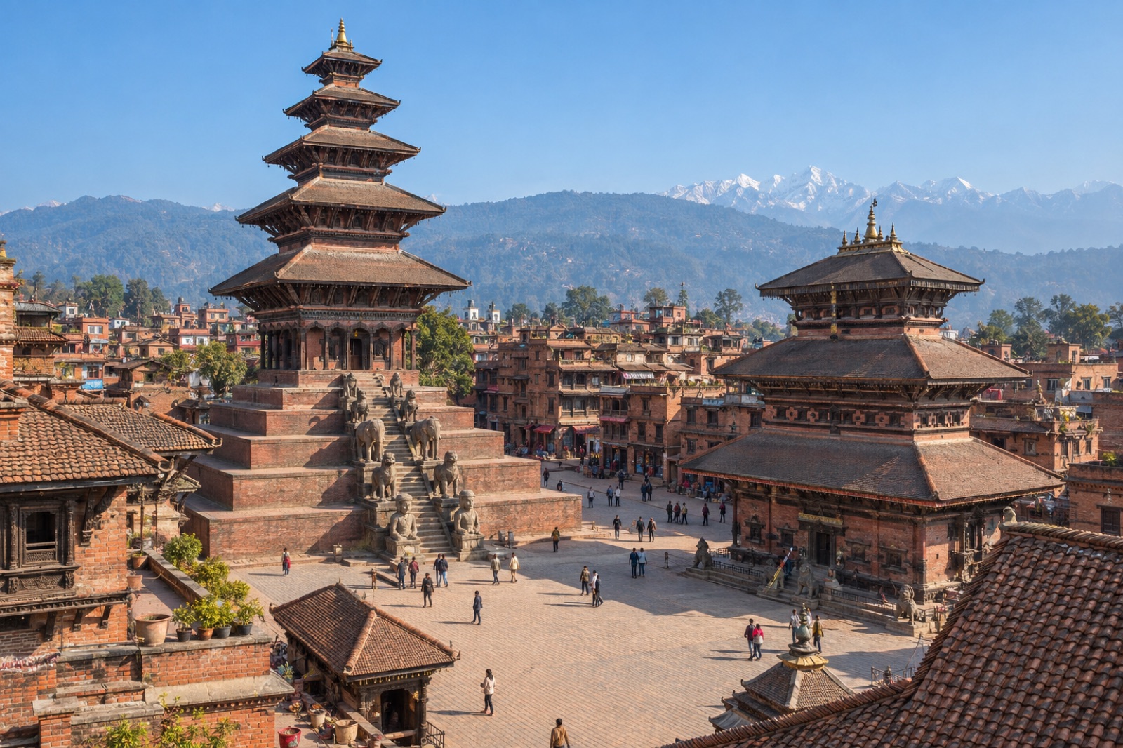 Taumadhi Square in Bhaktapur seen from a rooftop, with the Nyatapola and Bhairabnath temples