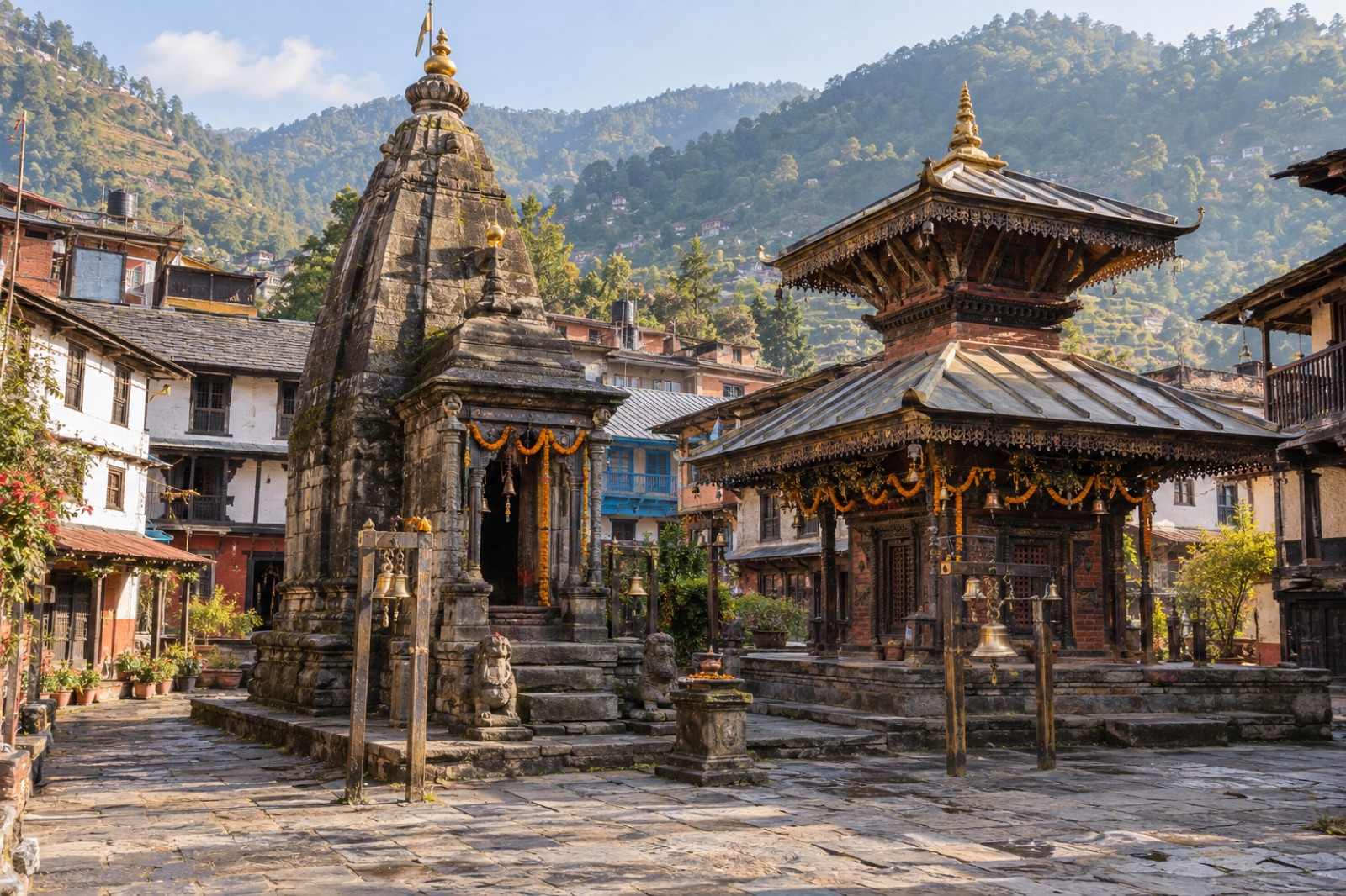 A stone shikhara temple and a pagoda shrine in a paved courtyard in Baglung bazaar