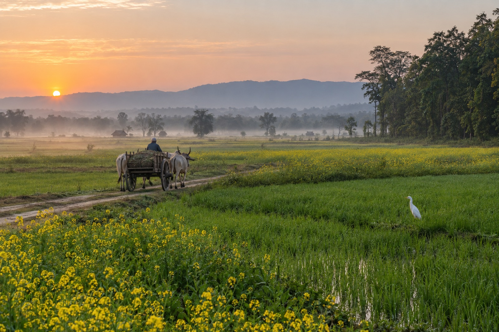 Dawn over the Terai lowlands: paddy and mustard fields, a bullock cart on a dirt track and the Churia hills beyond