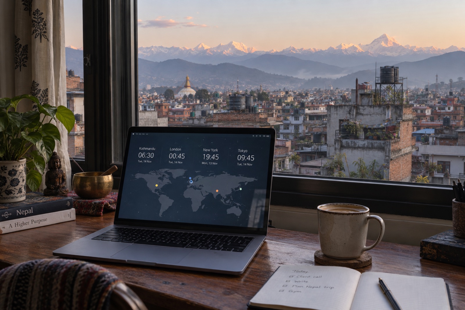 A remote worker’s laptop showing world-clock times at dawn above Kathmandu rooftops