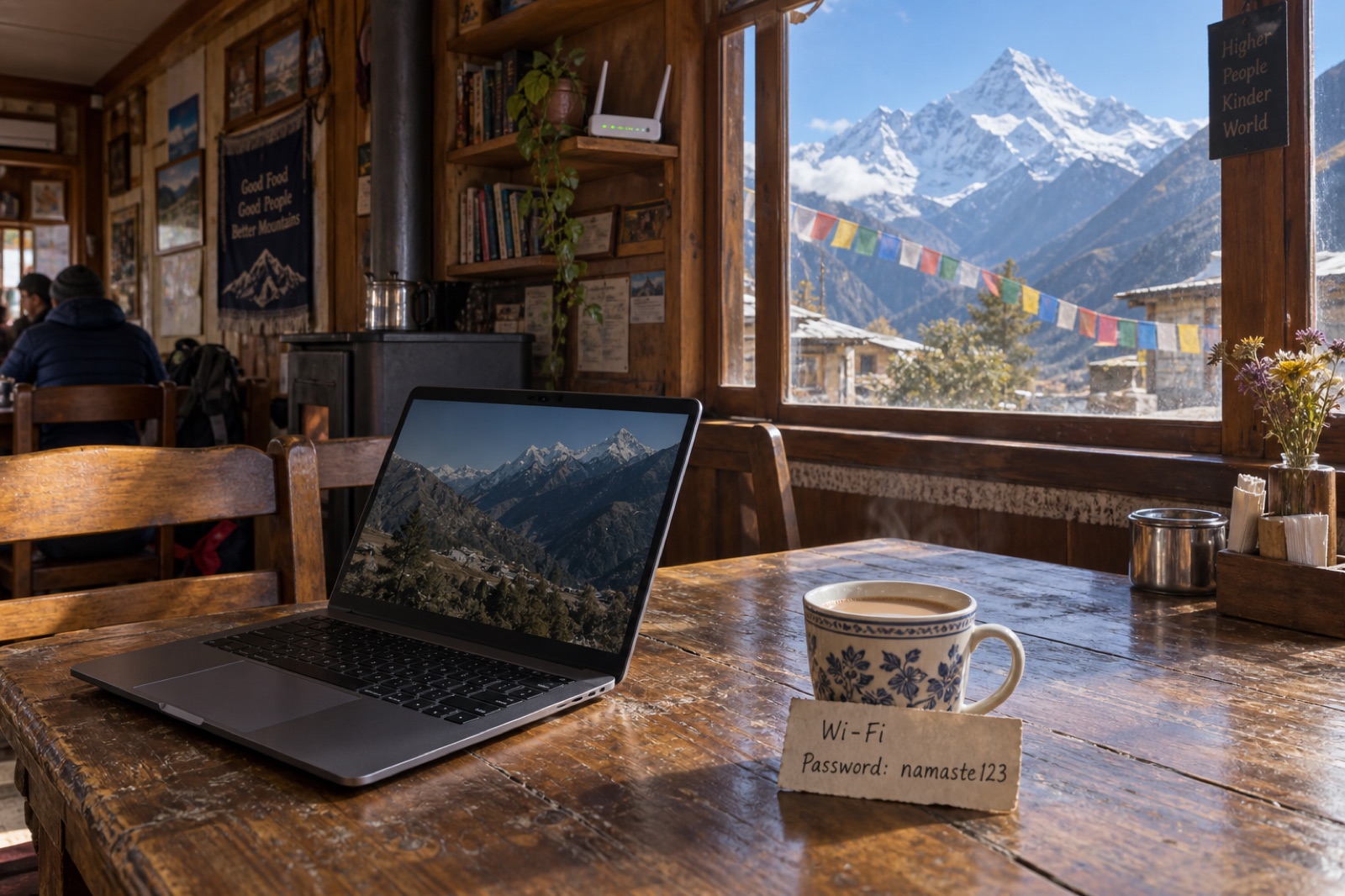 A laptop and milk tea with a hand-written Wi-Fi password card in a Himalayan teahouse dining room